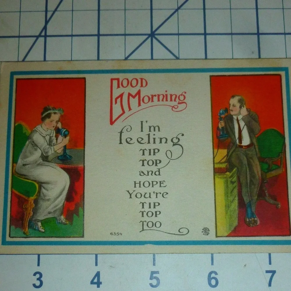 Vintage Good Morning Tip Top Telephone Postcard 1910s Divided Back Antique Art